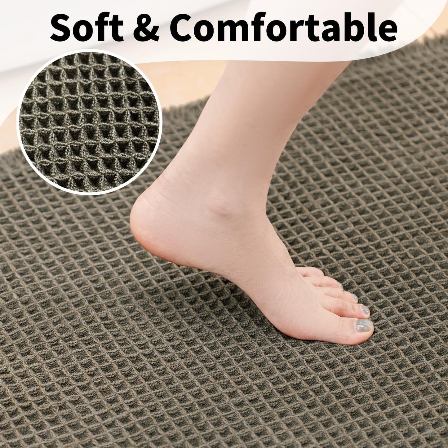 Waffle Bath Mat - Boho Bathroom Rugs Non Slip Washable, Super Absorbent & Quick Dry, Soft Bath Mat Farmhouse Bathroom Decor, 24'' x 36'', Olive Green