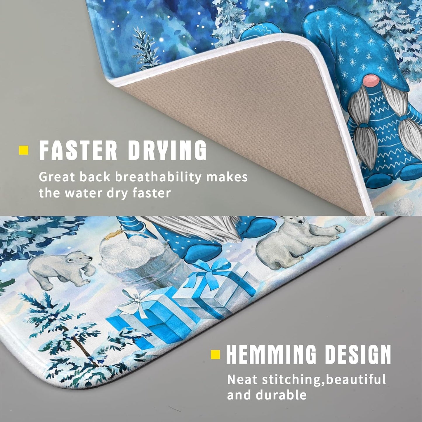 Winter Blue Gnome Dish Drying Mat for Kitchen Counter Pine Tree Microfiber Dish Pad Absorbent Reversible Fast Dry Draining Mats 16x18 Inch