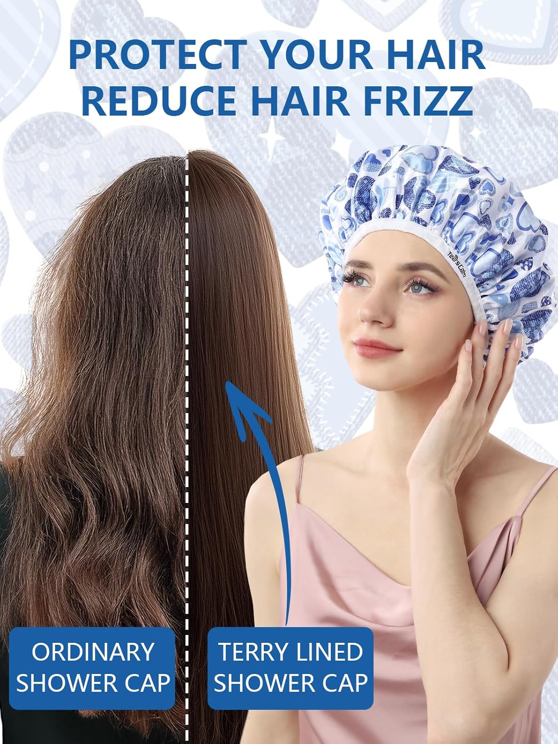 Years calm Terry Lined Shower Cap, Triple Layer Heart Motifs,Waterproof Reusable Elastic,Hair Shower Cap for Women,Terry Cloth Shower Caps for Spa,Clean,Trave (Blue, One Size)