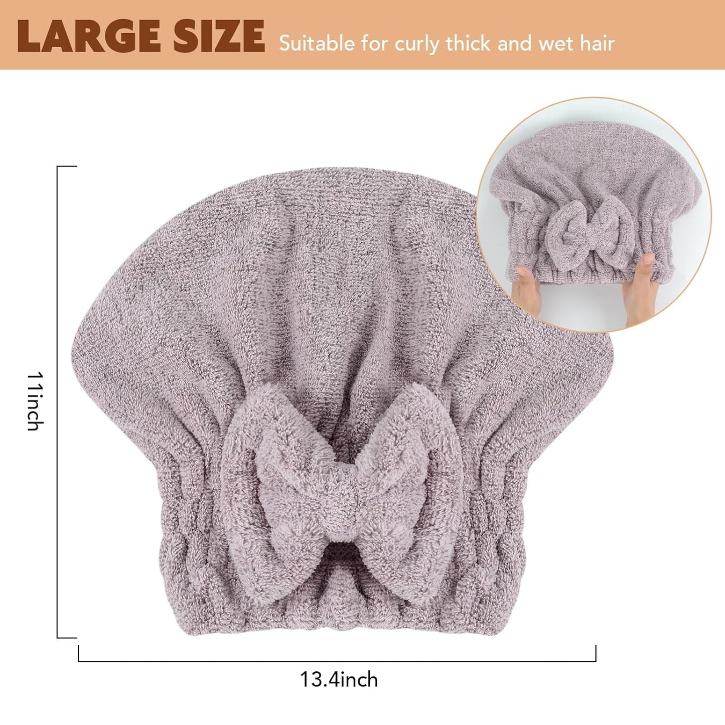 SUNLAND Large Microfiber Hair Drying Caps with Bow knot Fast Drying Shower Cap Soft and Absorbent hairWrap Hair Turban Bath Caps for Curly Thick and wet Hair 11 X 13.4 inch 2 Pack Purple