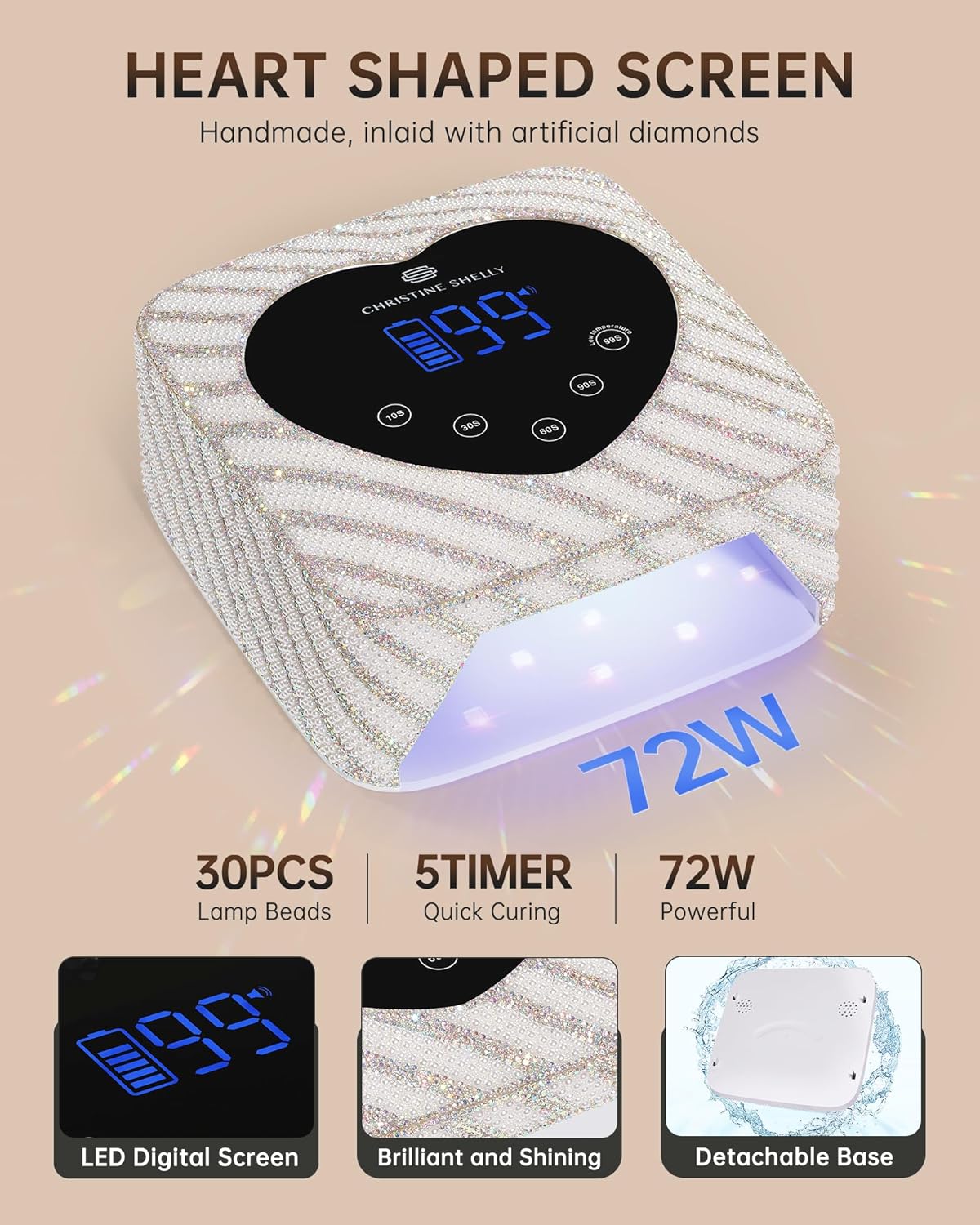 UV LED Nail Lamp 72W Rechargeable Sparkly Nail Dryer Gel Polish Light with 5 Timer Setting Professional Quick Dry Curing Lamp with Display Auto Sensor for Salon & Home, Pearl Diamond