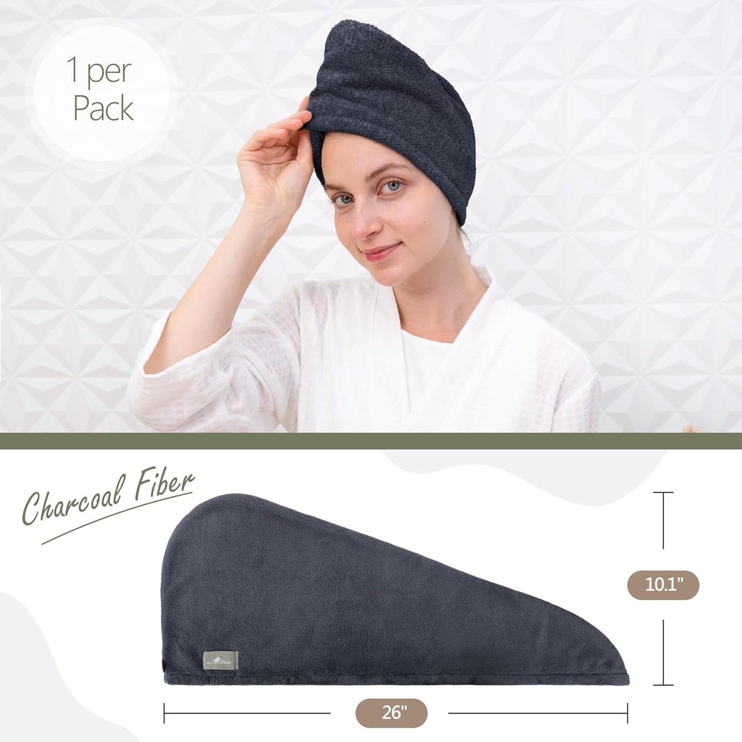 myHomeBody Hair Towel Wrap, Luxury Quick Drying Turban, Ultra Soft Absorbent Charcoal Fiber Cap, with Coconut Shell Button – Midnight Blue