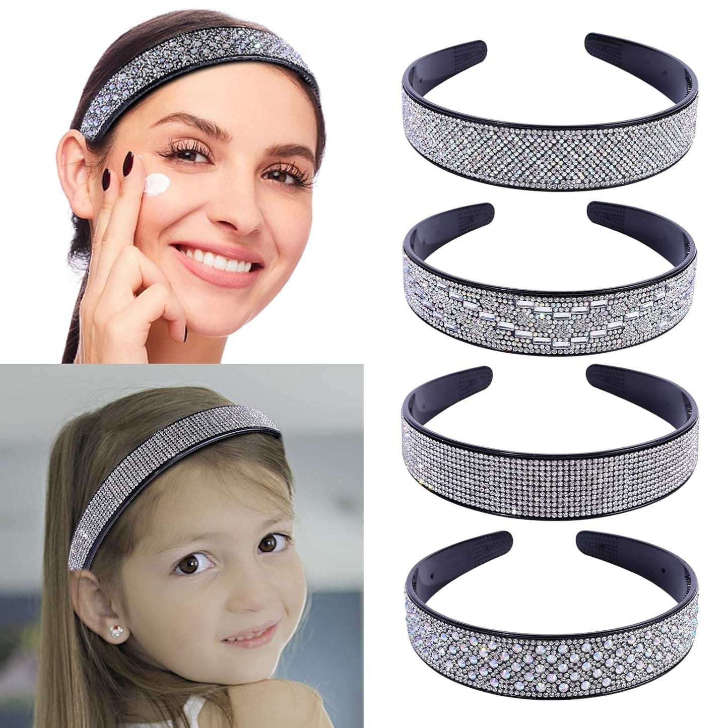Plastic Rhinestone Headbands for Women,4PCS Sparkly Silver Crystal Headband Non Slip Tooth Hair Bands Rhinestone Hair Hoop,Comfortable Daily Prom Party Head Accessories