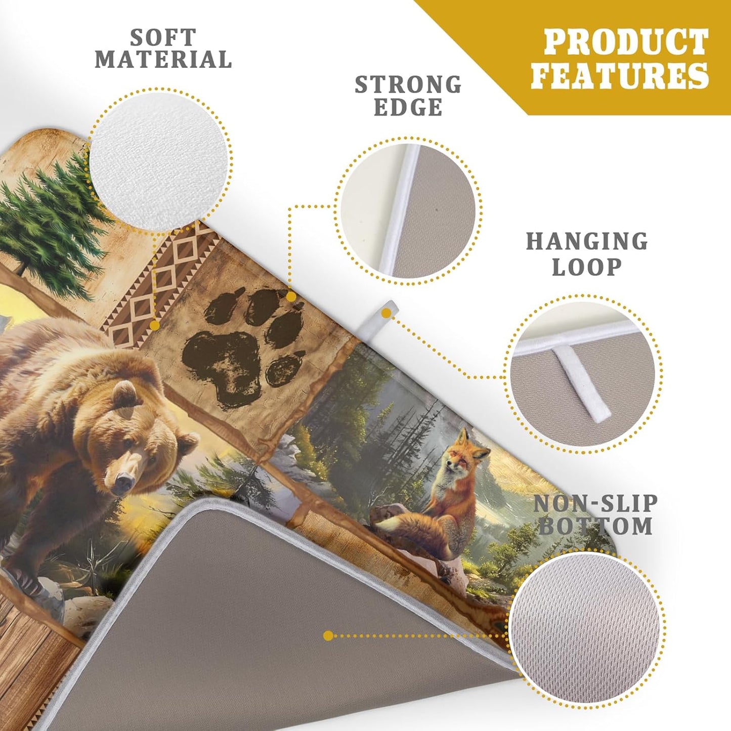 Bear Deer Fox Dish Drying Mat Rustic Cabin Lodge Dish Drainer Mats 18x24 Inch Absorbent Washable Dishes Rack Pad for Sink Kitchen Counter