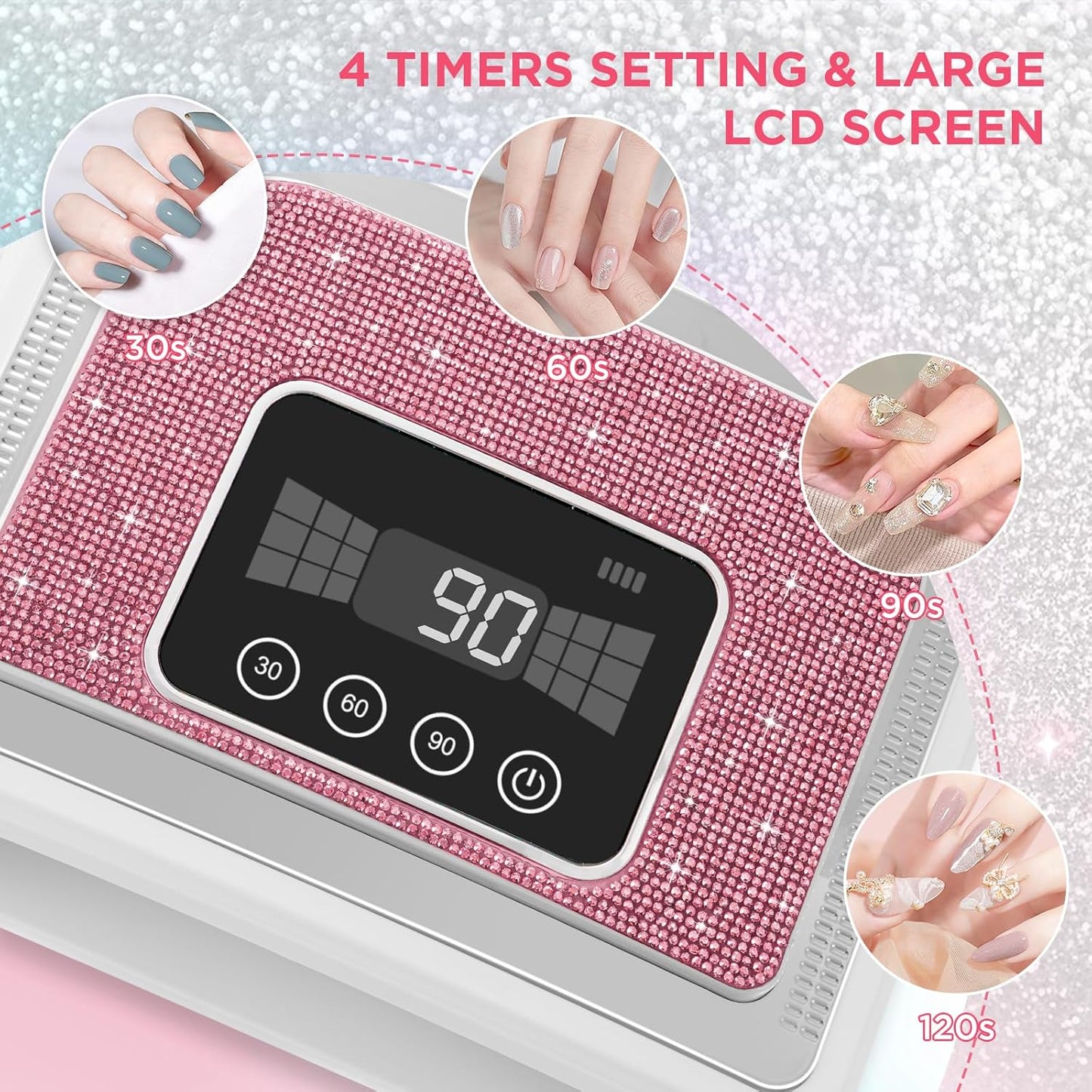 Aedavey Cordless Nail Lamp, Rechargeable UV Nail Lamp for Gel Nails, LED Nail Lamp with 4 Timer Modes, Gel Nail Light Decorate with Sparkling Nail Rhinestones Diamond (Sparkly Pink Diamond)