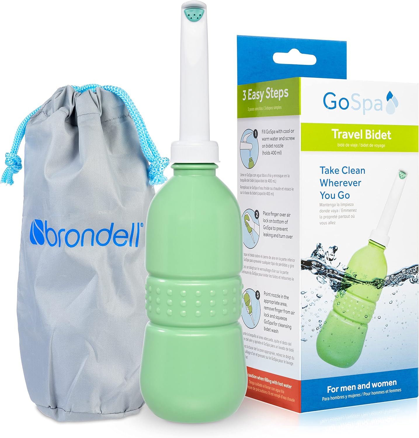 Brondell GoSpa GS-70 Portable Peri Bottle, 400ml Handheld Bidet with Angled, Nozzle Storage & Travel Bag for Postpartum & Perineal Care, Medium, Mint