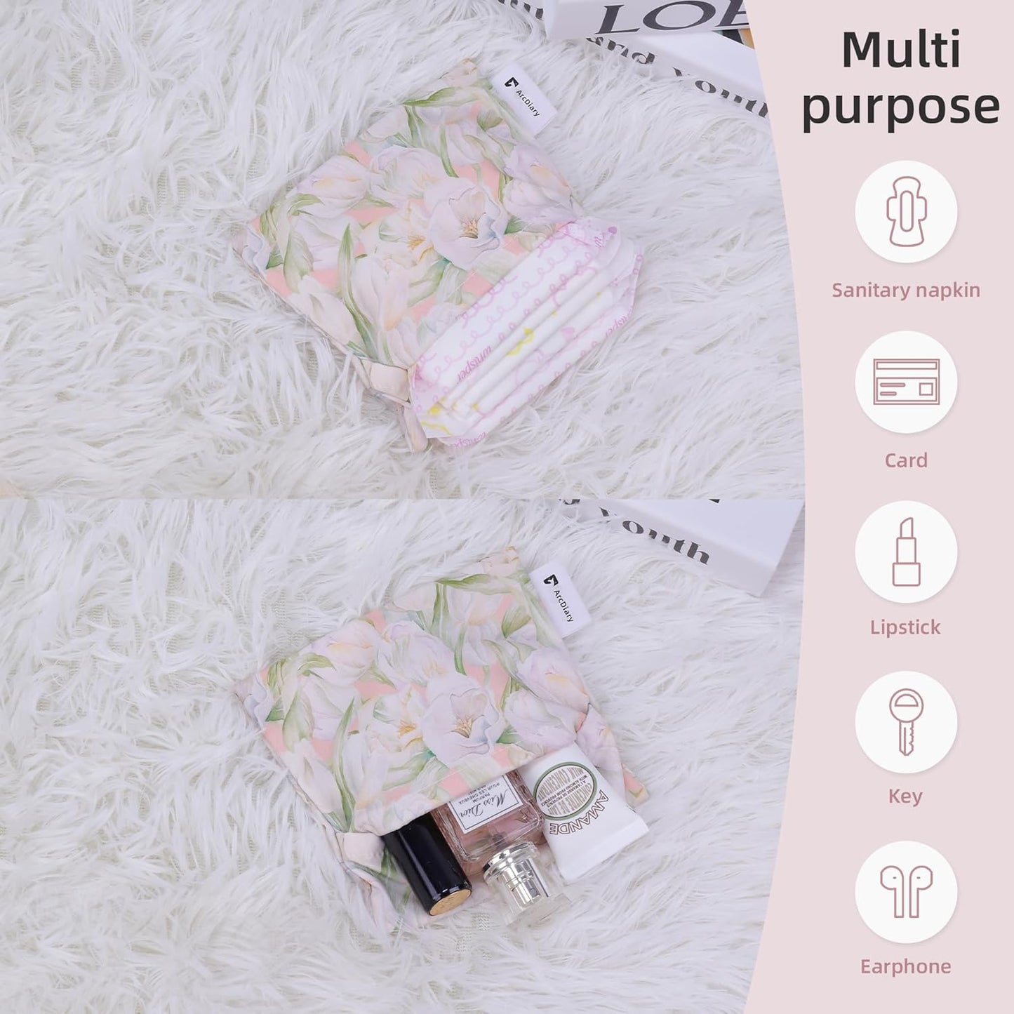 Period Bag for Teen Aged Girls, Portable Sanitary Pad Storage Bag for Teen Pads/Sanitary Napkins/Small Tampons, Feminine Menstrual Cup Pouch (French Tulips)