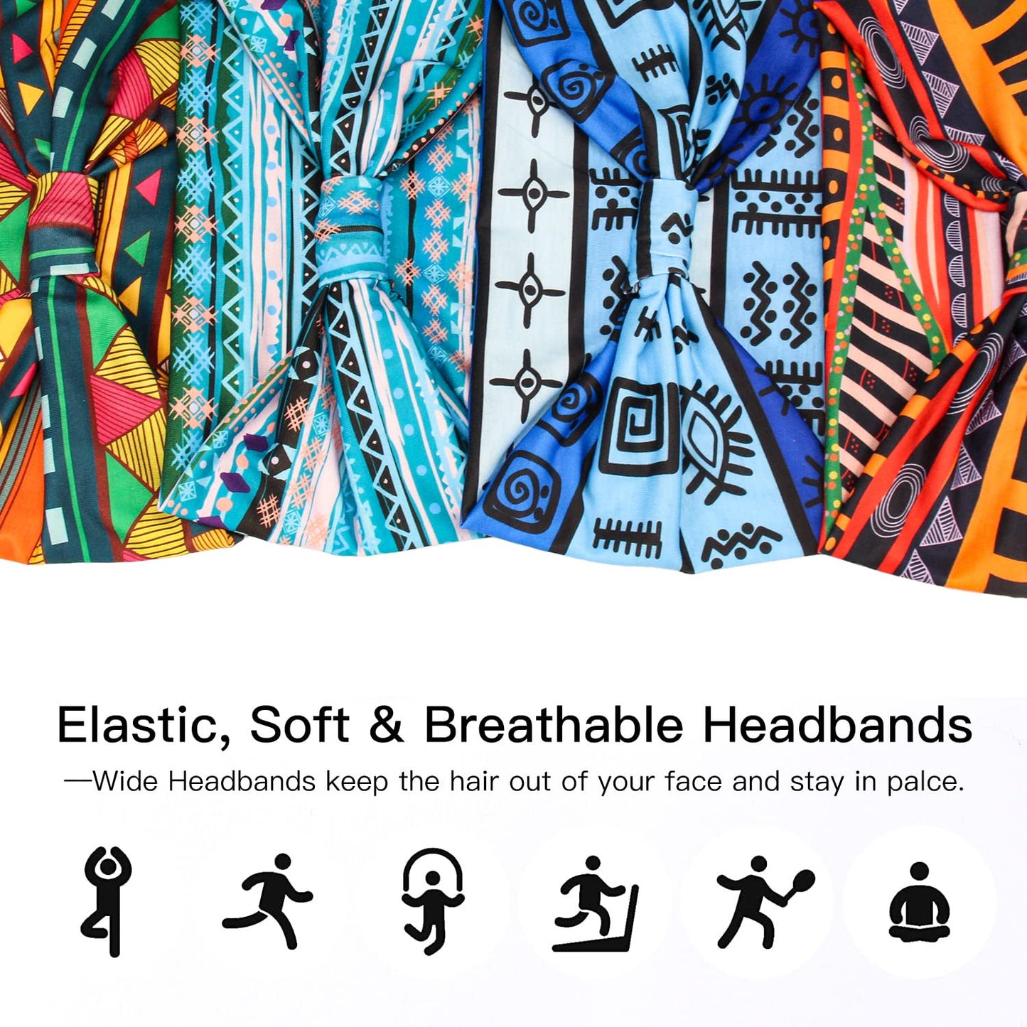 Yeshan Women's Wide Boho Knotted Non-Slip Turban Headwraps - Stretchy Bandeau Hair Bands for Sports, Yoga, Workouts, Pack of 8