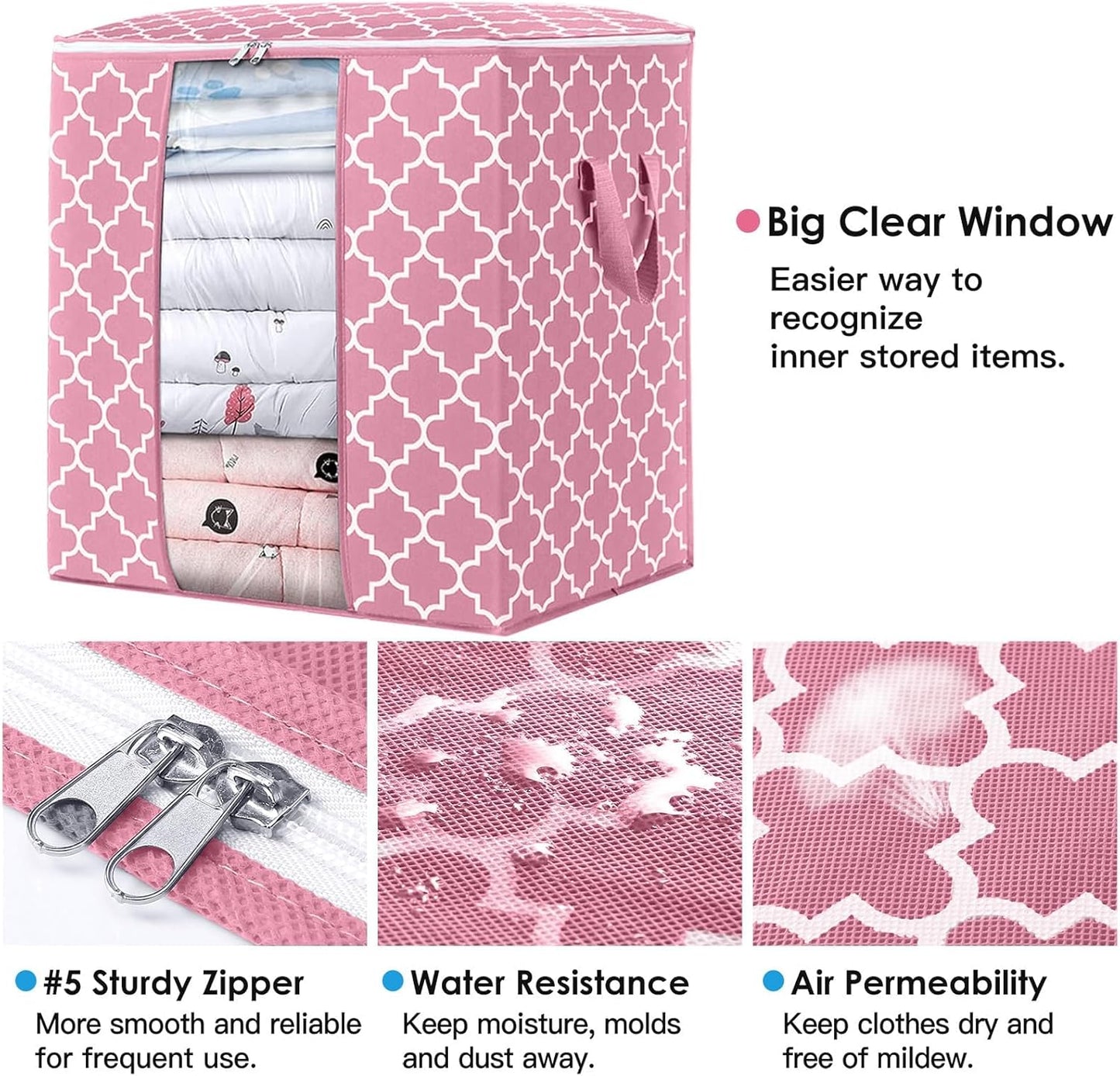 WISELIFE Storage Bags 2 Pack/100L Large Blanket Clothes Organization and Storage Containers for Comforters,Bedding, Foldable Organizer with Reinforced Handle, Clear Window, Sturdy Zippers,Pink