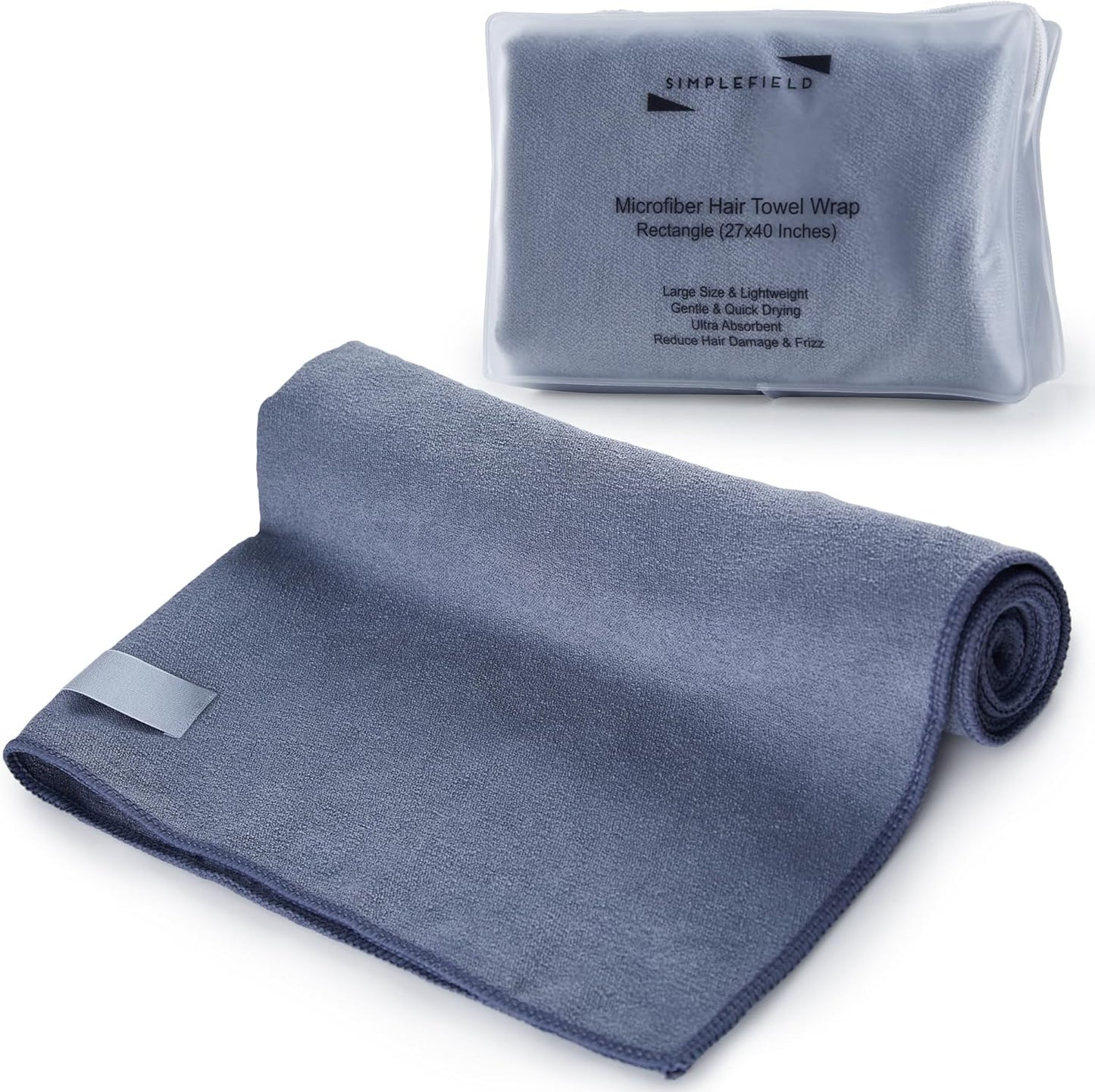 Large Microfiber Hair Towel Wrap for Women (27x40 Inches). Anti Frizz Rectangle Drying Towel with Elastic Band for Long, Curly, and Thick Hair. Includes Reusable Carry Bag (Grey)