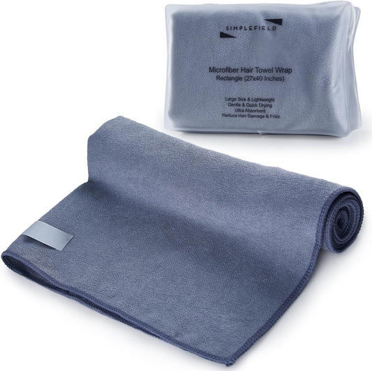 Large Microfiber Hair Towel Wrap for Women (27x40 Inches). Anti Frizz Rectangle Drying Towel with Elastic Band for Long, Curly, and Thick Hair. Includes Reusable Carry Bag (Grey)