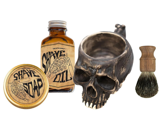 Shaving Kit for Men – Traditional Wet Shave Set with 4oz Shaving Soap, 3oz Tea Tree Oil, Badger Brush & Skull Bowl – For Use with Safety Razor or Straight Razor – Barber Grooming Gift by Death Grip