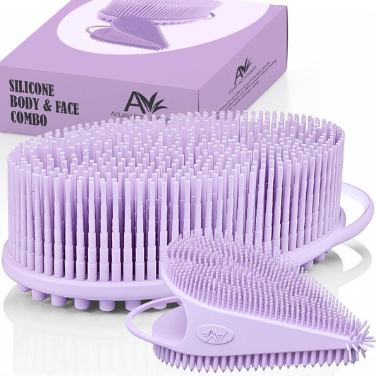 Avilana Silicone Body Scrubber – Gentle Shower Brush & Loofah Alternative- Food Grade & Lab Tested – Fast-Drying, Hygienic, BPA-Free Silicone Body Gentle Exfoliator (Lavender, Body & Face)
