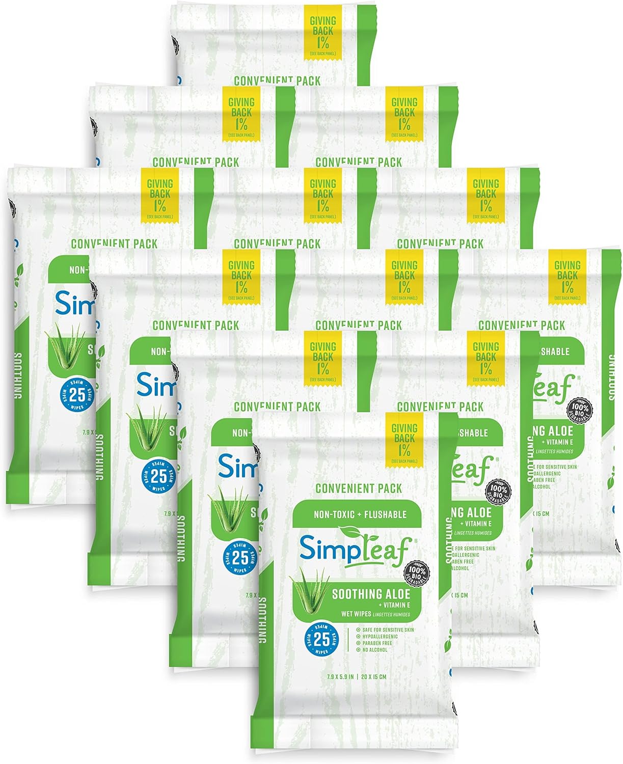 Simpleaf Flushable Wet Wipes Aloe Vera| Eco-Friendly, Paraben & Alcohol Free | Hypoallergenic & Safe for Sensitive Skin | Soothing Aloe Formula | (12 x 25 Counts Convenient Pack) 300 Counts Total