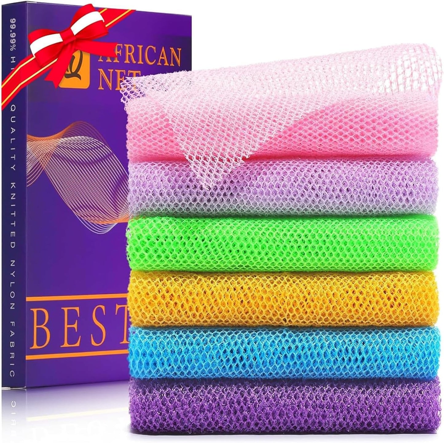 UJFQBH 6 Pieces African Bath Sponge African Net Long Net Bath Sponge Exfoliating Shower Body Scrubber Back Scrubber Skin Smoother,Great for Daily Use (Purple, Purple, Pink, Orange, Blue, Green)