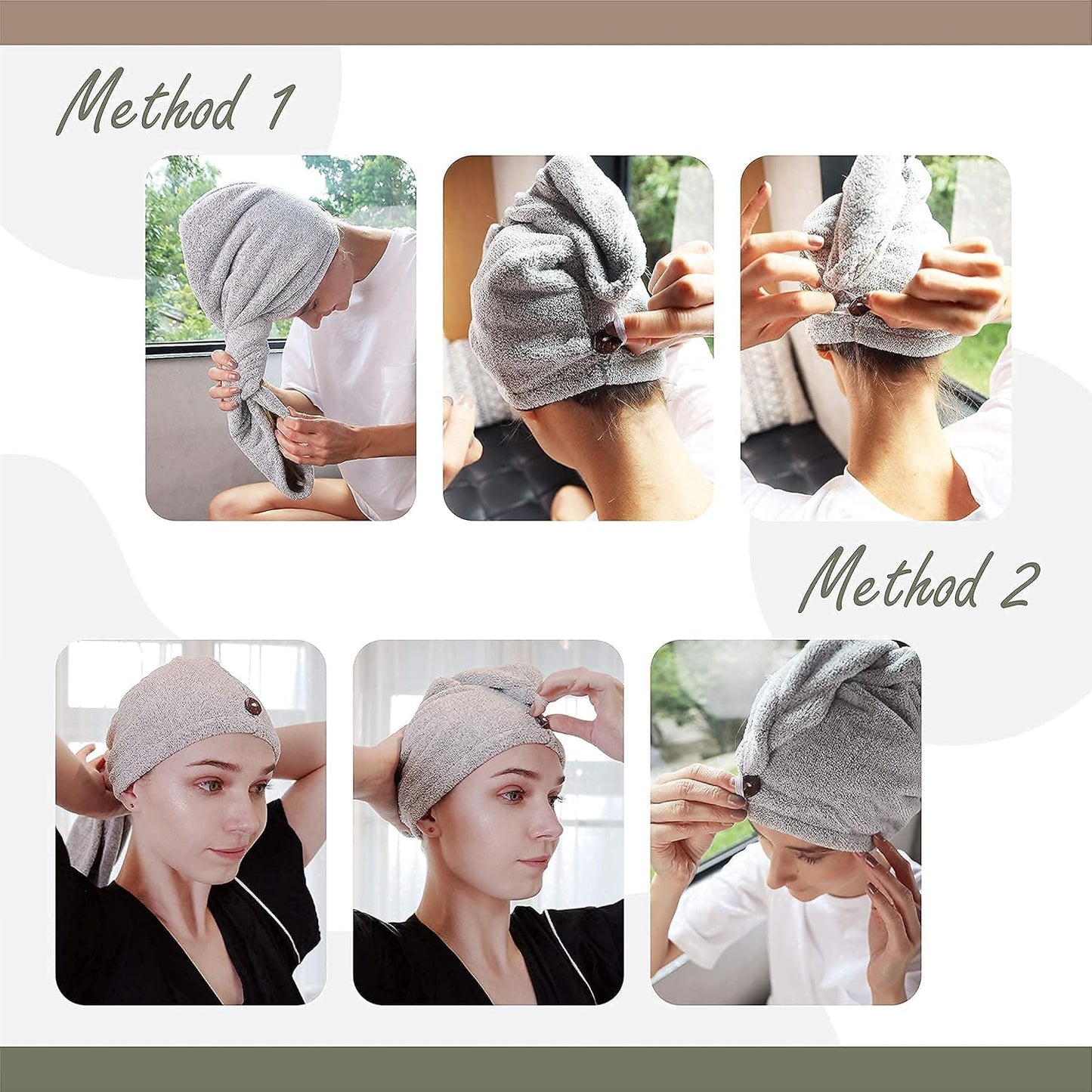 myHomeBody Hair Towel Wrap, Luxury Quick Drying Turban, Ultra Soft Absorbent Charcoal Fiber Cap, with Coconut Shell Button – Gray
