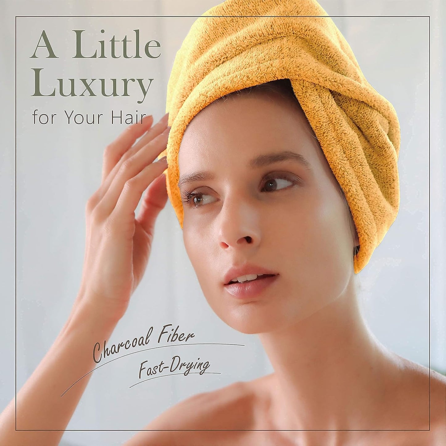 myHomeBody Hair Towel Wrap, Luxury Quick Drying Turban, Ultra Soft Absorbent Charcoal Fiber Cap, with Coconut Shell Button– Mango