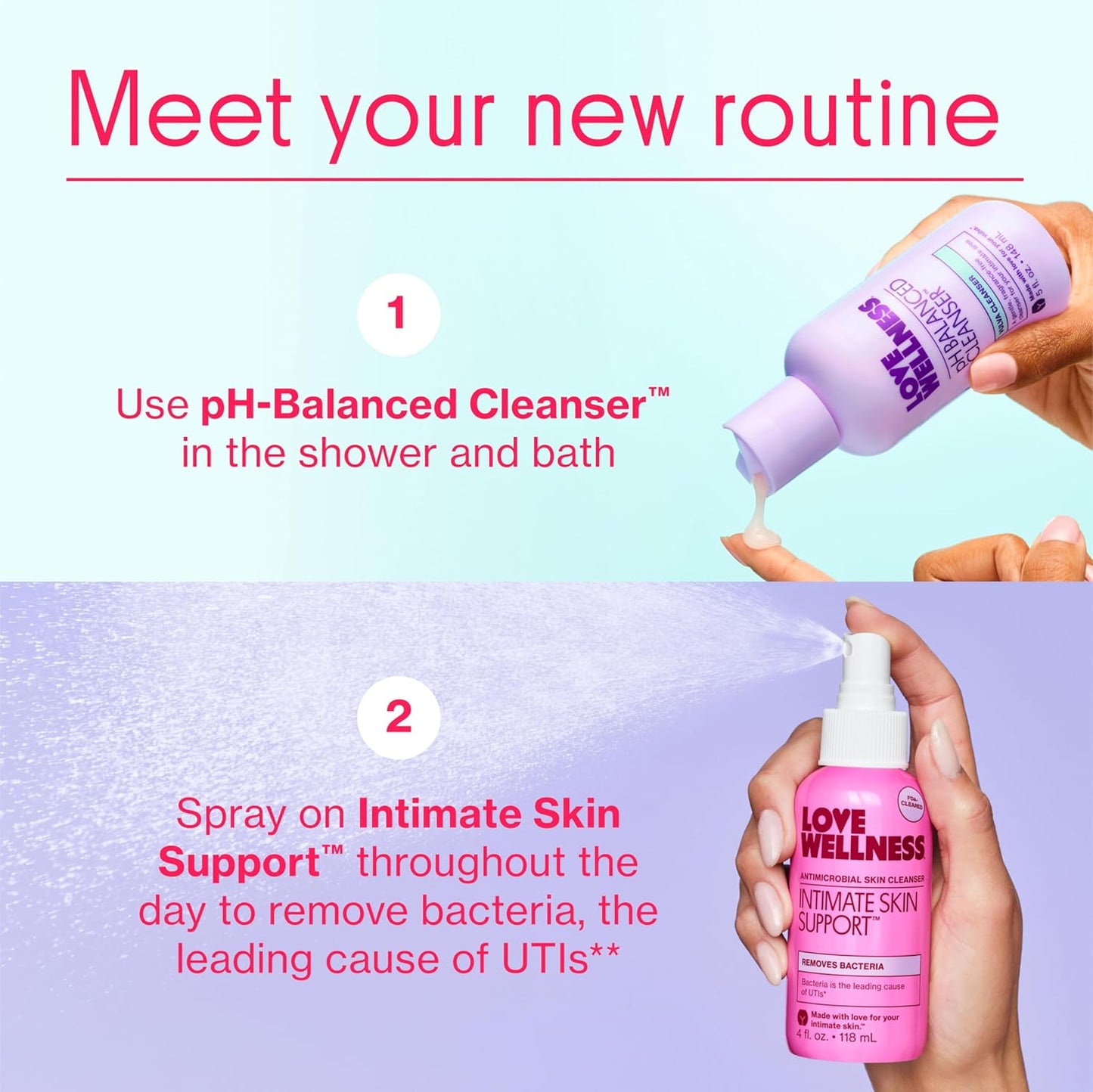 Love Wellness Feminine Hygiene Bundle | pH Balancing Cleanser + Intimate Skin Support Spray | Fragrance-Free Vulva Wash & UTI Prevention Spray | Gentle Daily Intimate Care Set for Women