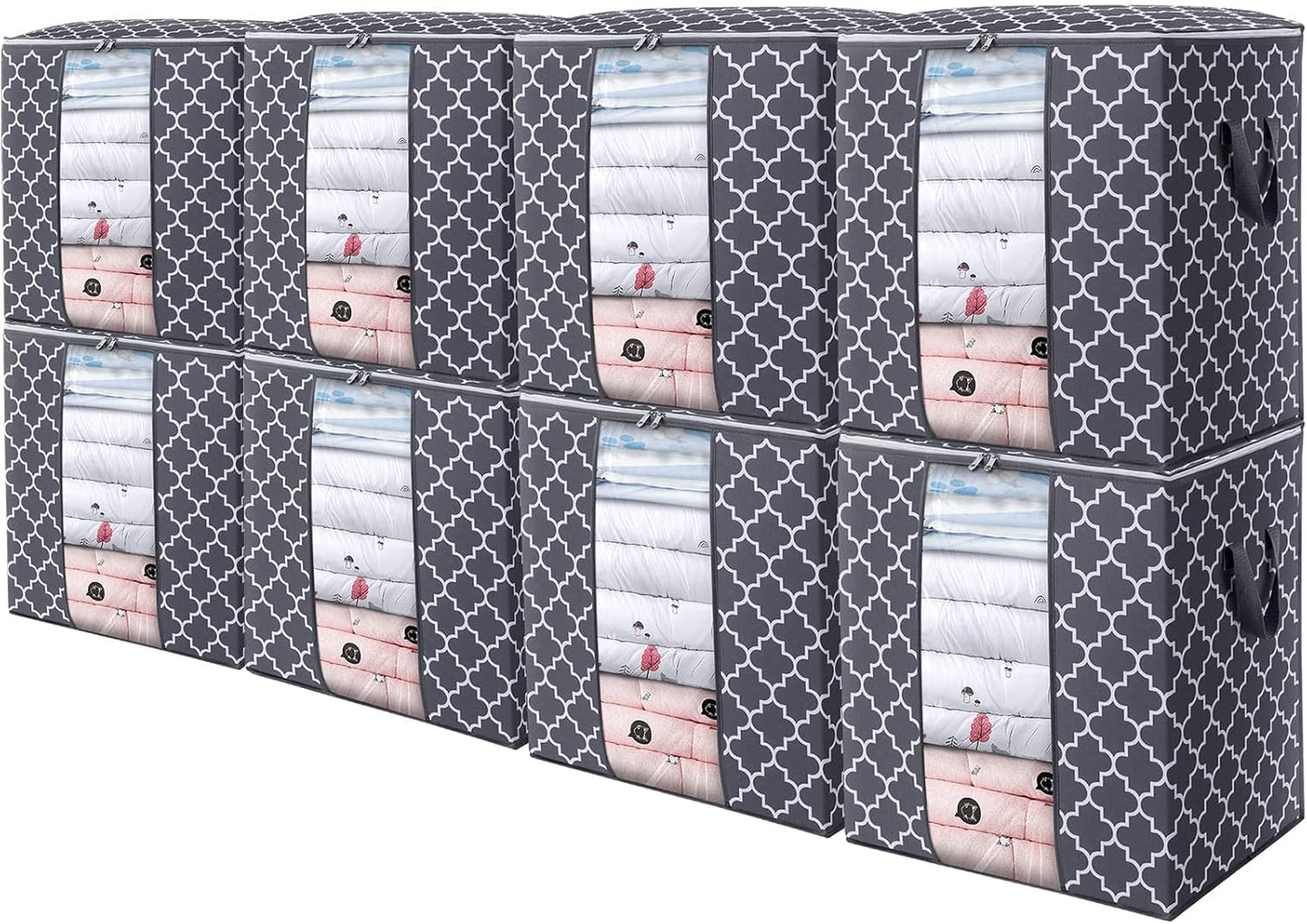 WISELIFE Storage Bags 8 Pack/100L Large Blanket Clothes Organization and Storage Containers for Comforters,Bedding, Foldable Organizer with Reinforced Handle, Clear Window, Sturdy Zippers,Gray