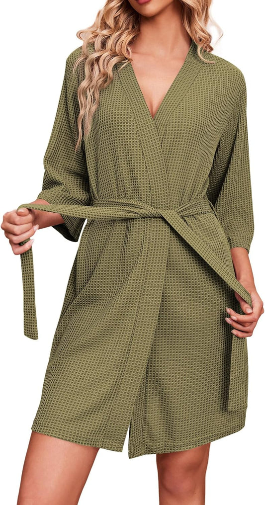 Ekouaer Robes for Women Waffle Knit Bathrobe Soft Lightweight Knee Length Loungewear S-XXL