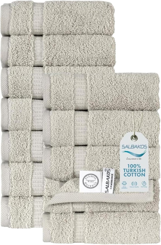 SALBAKOS 100% Turkish Cotton Washcloth Set of 12 13x13 inch | Heirloom Quality | Hotel & Spa Collection | Ultra Soft, Super Absorbent, Washcloth Towels | Made in Turkey (Stone, 12 Washcloths)