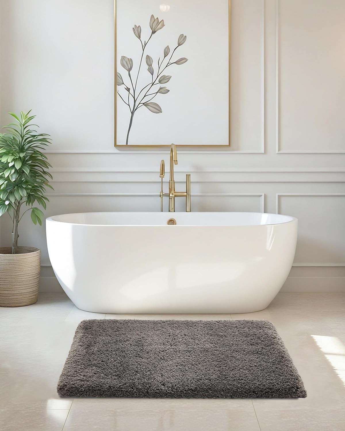 ILANGO Dark Gray Bathroom Rugs 24" × 17" Small Non Slip & Super Absorbent Extra Thick Soft, Washable Bath Mat for Floor, Microfiber Plush Shaggy Bath Rug with Rubber for Bathtub Shower Room Sink