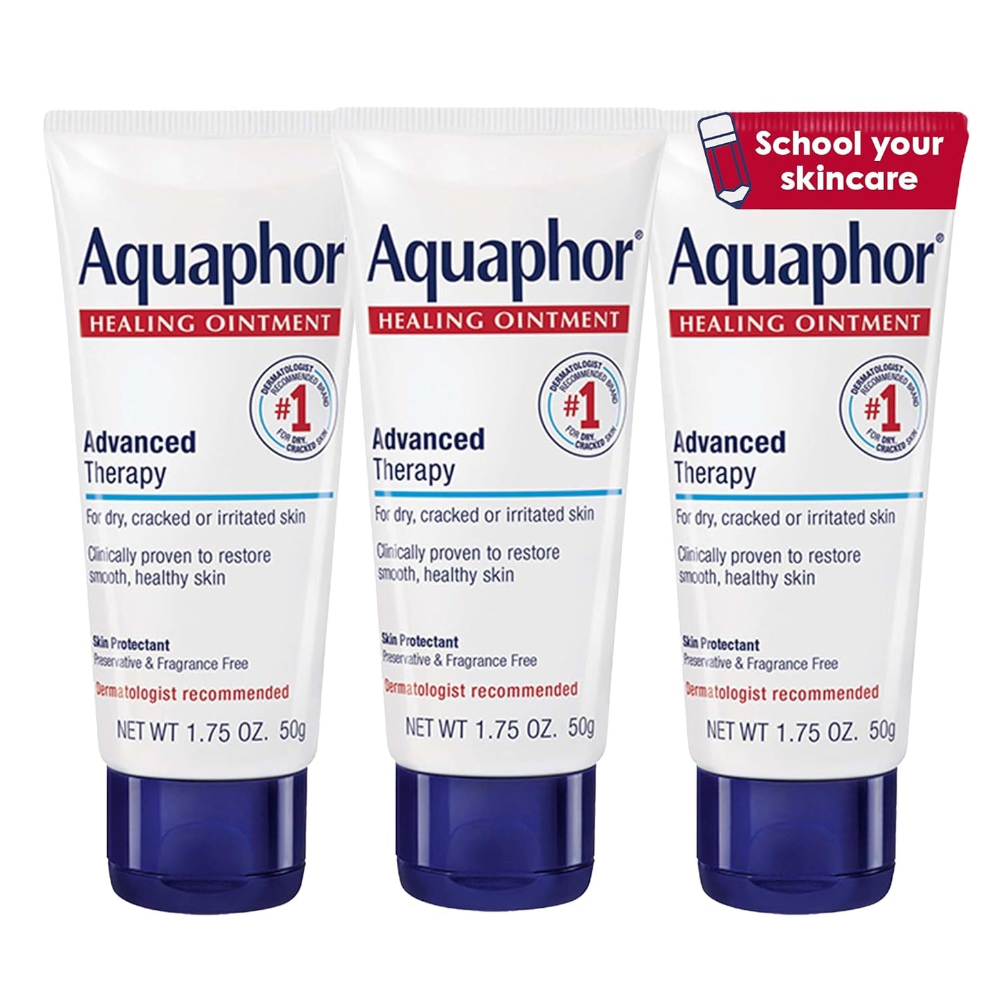 Aquaphor Advanced Therapy Healing Ointment, Hypoallergenic, Fragrance Free Body Moisturizer for Dry Skin and Minor Wound Care, Travel Size Skin Care Set, 1.75 Oz Tube, Pack of 3