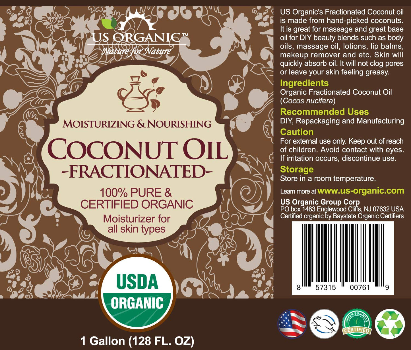 US Organic Fractionated Coconut Oil Bulk Pack, USDA Certified Organic, Non-GMO, Perfect for massage, carrier oil for DIY blends, Hair, Skin care. 100% Pure, Hexane-Free (128 oz (1 Gallon))