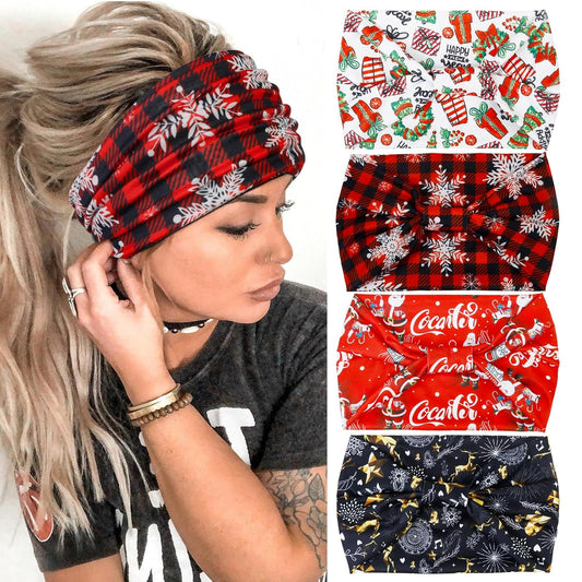 Huachi Christmas Headbands for Women Cute Knotted Head Bands Girls Hair Accessories Red Green Hairbands Fashion Snow Funny Hairwear Holiday Gifts (Pack of 4)