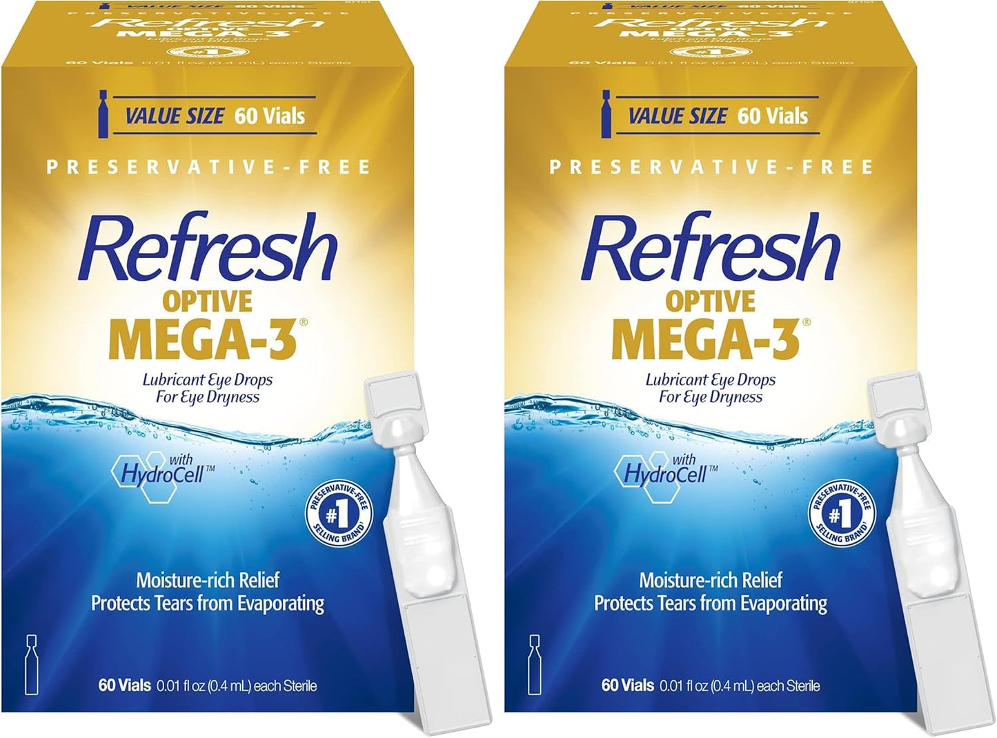 Refresh Optive MEGA-3 Lubricant Eye Drops Preservative-Free Artificial Tears, 0.01 fl oz (0.4 mL), 60 Single-Use Containers (Pack of 2)