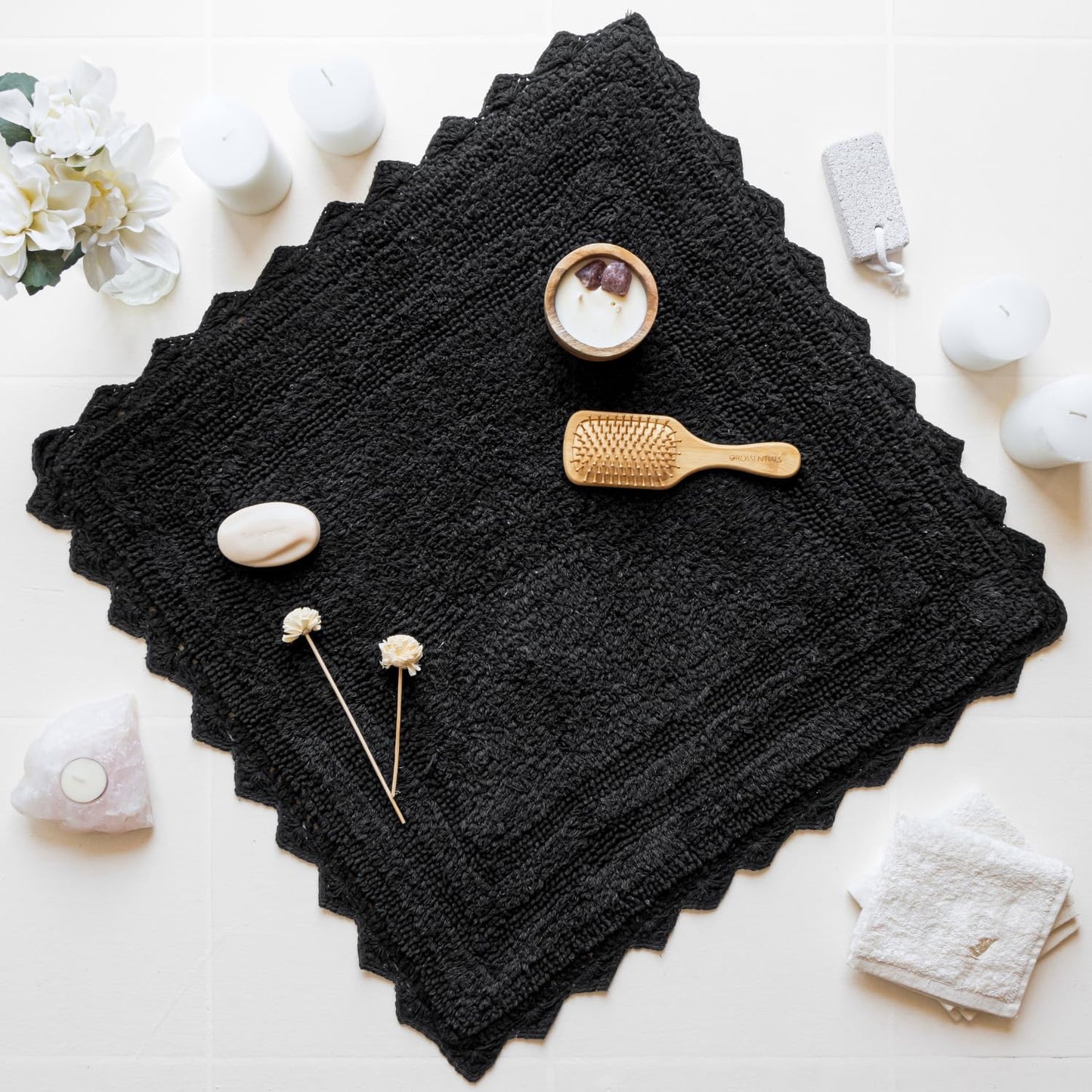 RAJRANG Black Cotton Bath Mat | 24 Inch Square Reversible Rug with Crochet Pattern for Bathroom, Spa, or Kitchen | Soft, Absorbent, Woven Boho Washable Floor Mat