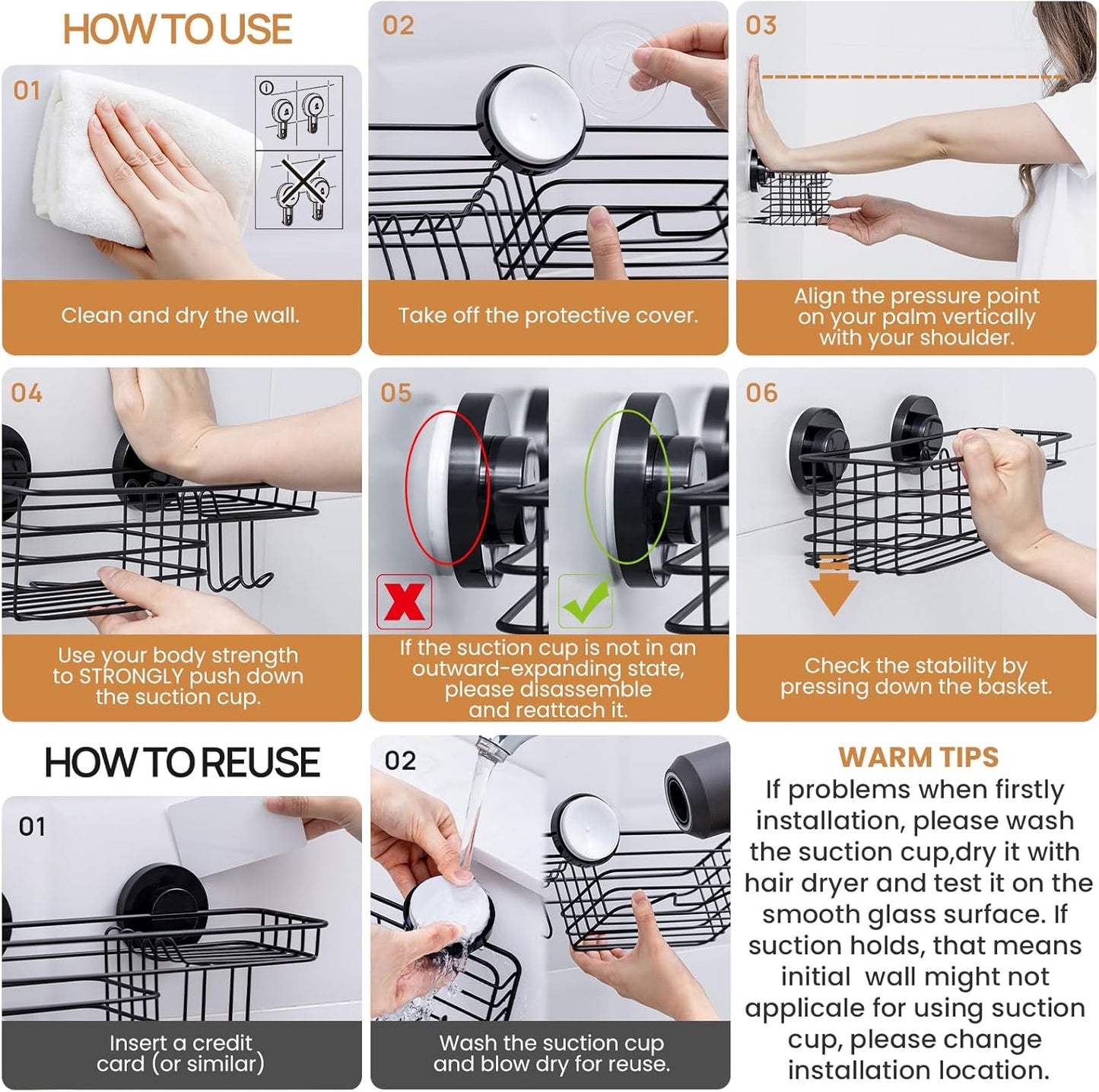 LEVERLOC Shower Caddy Suction Cup, 2 Pack suction shower shelf with Hooks & Soap holder, NO-Drilling Bathroom Holder, Rustproof bathroom organizer, Black