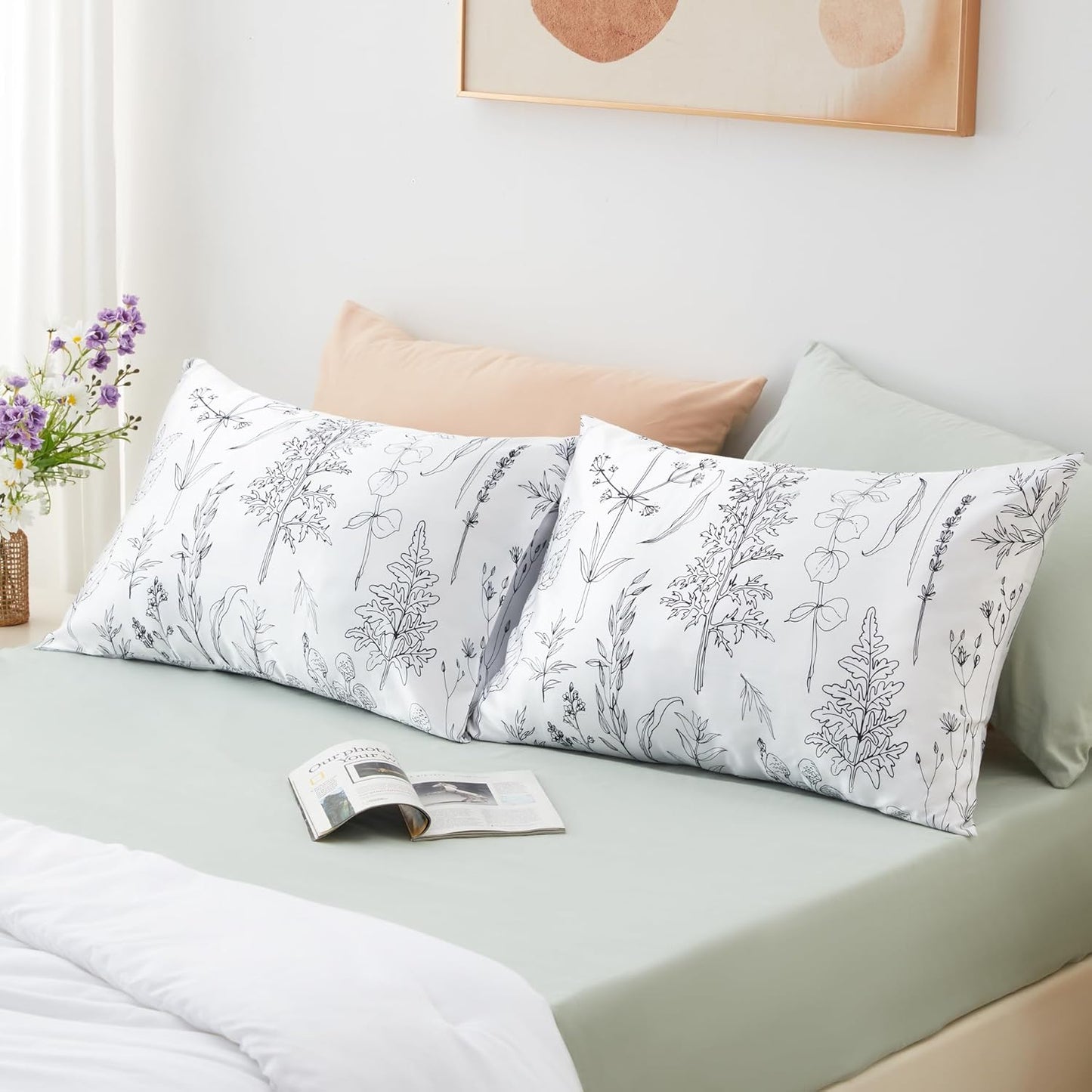 EXQ Home Silky Satin Pillowcase for Hair and Skin,Pillow Cases Standard Size Set of 2 Satin Pillow Case 2 Pack with Envelope Closure Flowers with White Background