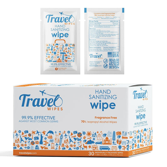 Hand Sanitizing Travel Wipes – 30ct Individually Wrapped | Fragrance-Free, Moisturizing, 70% Isopropyl Alcohol Wipes | Travel, Home, Office, Daily Use | Made in USA