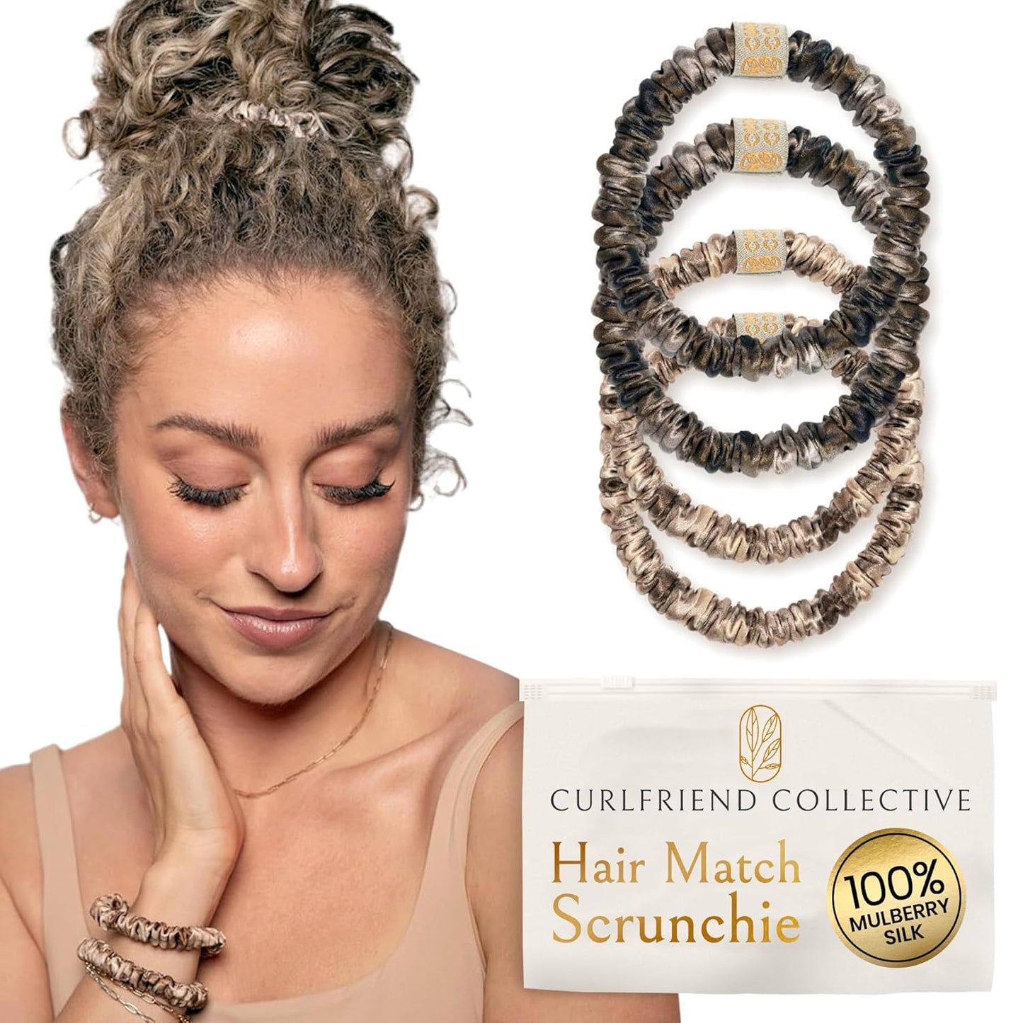 Authentic Mulberry Silk Skinny Hair Match Scrunchies for Women, Anti Breakage Hairties for Curly Thick & Thin Hair, 100% Silk for Buns, Sleep & Ponytail, Cool Blonde/Bronde (4 Pack)