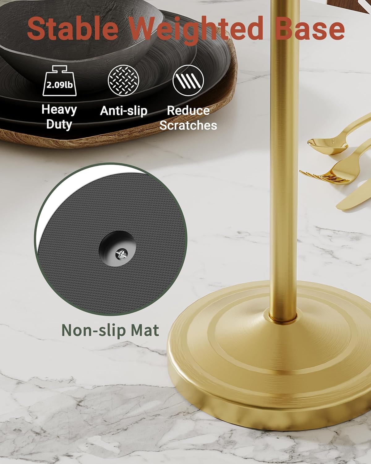 Hand Towel Holder Stand, SUS304 Stainless Steel Weighted Hand Towel Stand for Bathroom Kitchen Countertop Towel Stand with Double Stand Hand Towel Ring Total Height 18"(Brushed Gold)