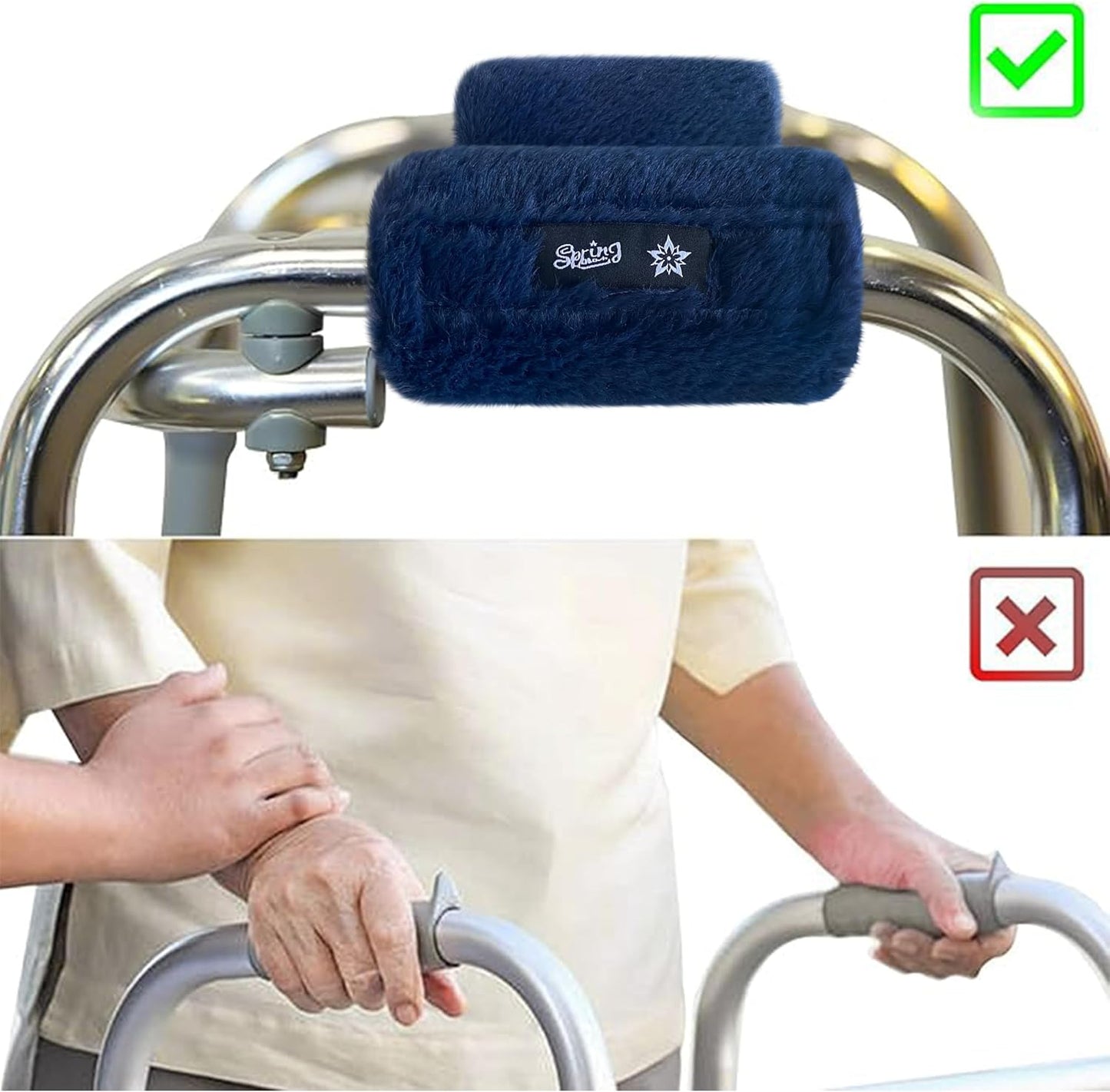 SPRING SEAON Walker Hand Pads Fluffy Walker Handle Cushions Non-Slip Universal Walker Grips Padded Hand Covers Soft Pads for Walkers for Seniors Walker Pads for Handles Folding Rolling Wheelchair, Rollator Handle, Elderly Grippers 2 Pack (Navy Blue)