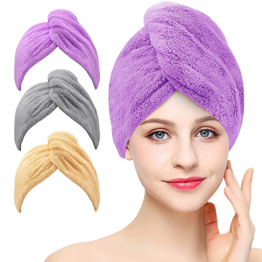 BEoffer Microfiber Hair Towel, 3 Packs Hair Turbans for Women, Men,Kids, Quick Dry Hair Wrap Towels for Curly,Long, Curly Hair Anti Frizz (Gray+Khaki+Purple)
