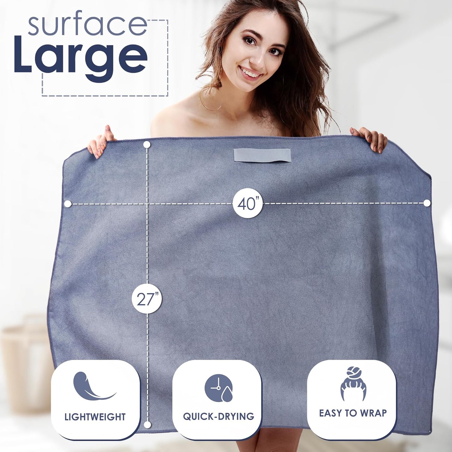 Large Microfiber Hair Towel Wrap for Women (27x40 Inches). Anti Frizz Rectangle Drying Towel with Elastic Band for Long, Curly, and Thick Hair. Includes Reusable Carry Bag (Bright White)