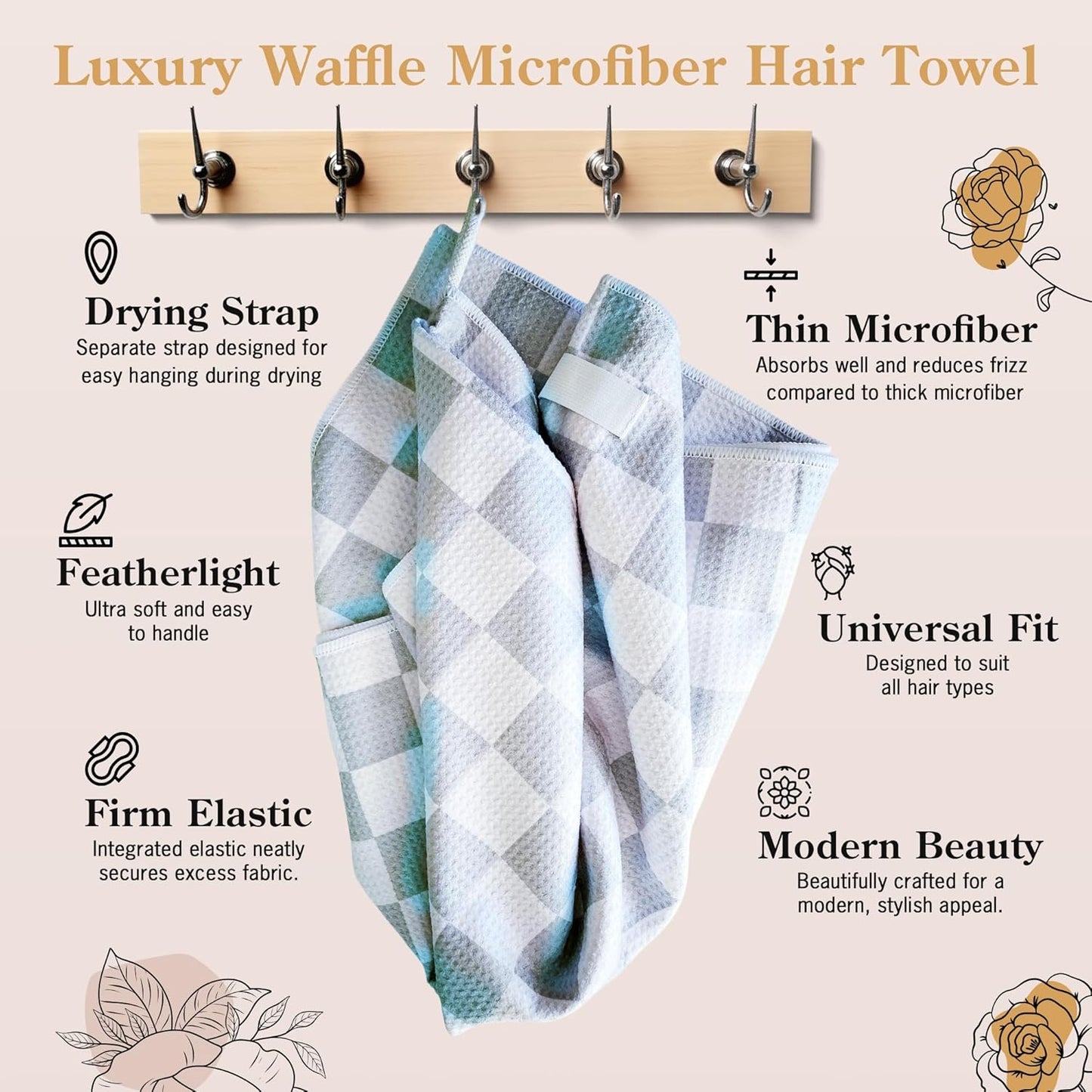 Greige Checkered Microfiber Hair Towel Wrap for Women: Quick Dry, Anti-Frizz Hair Drying Towel for Long, Curly, or Wet Hair. Soft Hair Wrap Turban for Shower, Spa & Travel