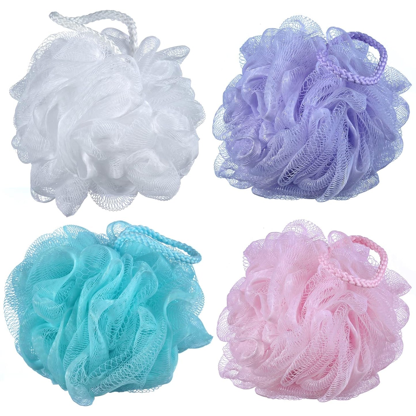 60g/pcs Multi-Color Mesh Bath Sponge Shower Pouf Loofahs Shower Puff Pack of 4 (White,Pink,Purple and Blue)