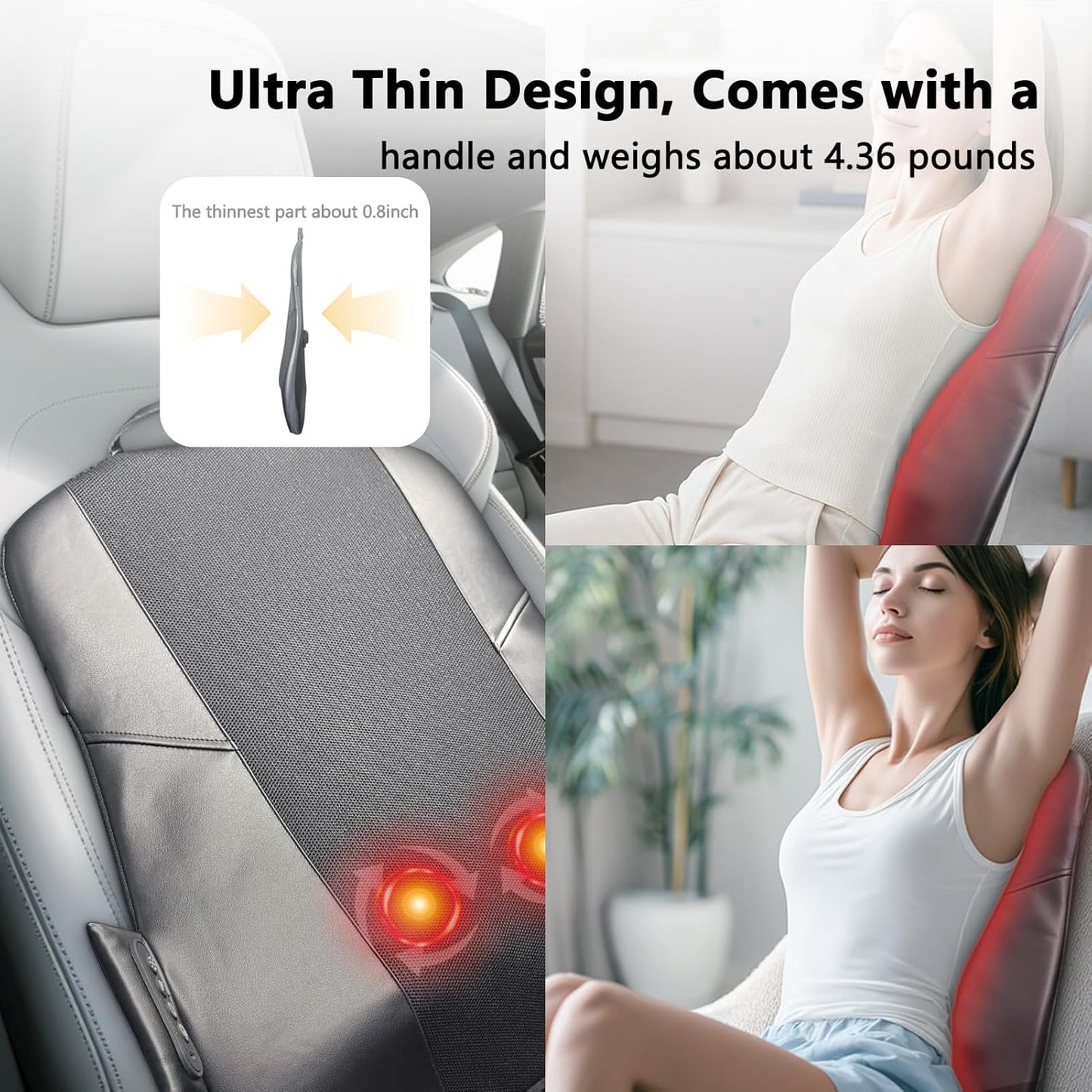 Back Massager for Pain Relief Deep Tissue, Ultrathin Rolling Up and Down Full Back Massage with Heat, 4D Shiatsu Kneading, Shoulder Massager, Extended Widened Design for Home, Office, Car Use, Grey