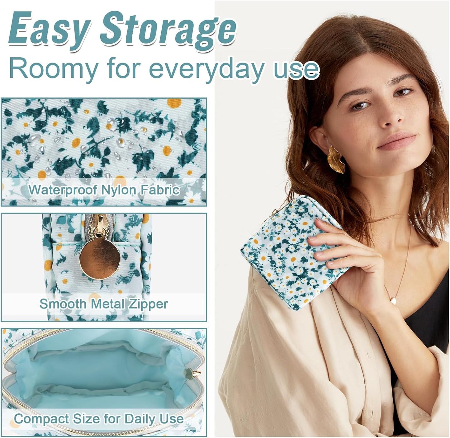 Nylon Mini Floral Makeup Bag for Purse, Small Cute Travel Makeup Bag Preppy Flower Cosmetic Zipper Pouch, Waterproof Coin Pouch Sanitary Napkin Storage Bag Make Up Organizer Set for Women(Green-Daisy)