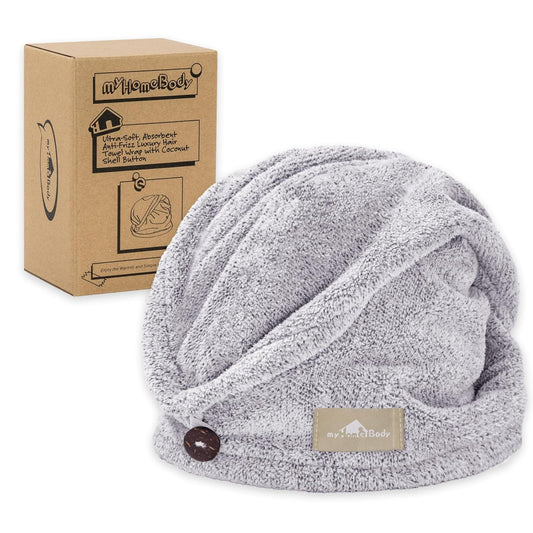myHomeBody Hair Towel Wrap, Luxury Quick Drying Turban, Ultra Soft Absorbent Charcoal Fiber Cap, with Coconut Shell Button – Gray