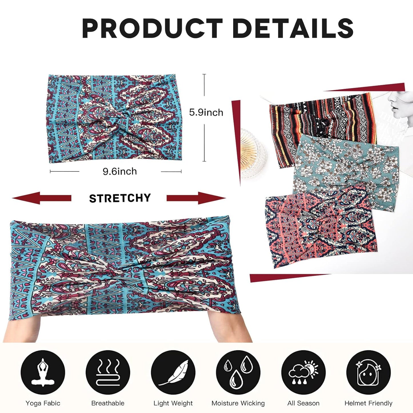 Wide Boho Headbands for Women Extra Large Turban Headband Twisted Knot Head wraps Criss cross African Thick Bandana Headbands,Pack of 6