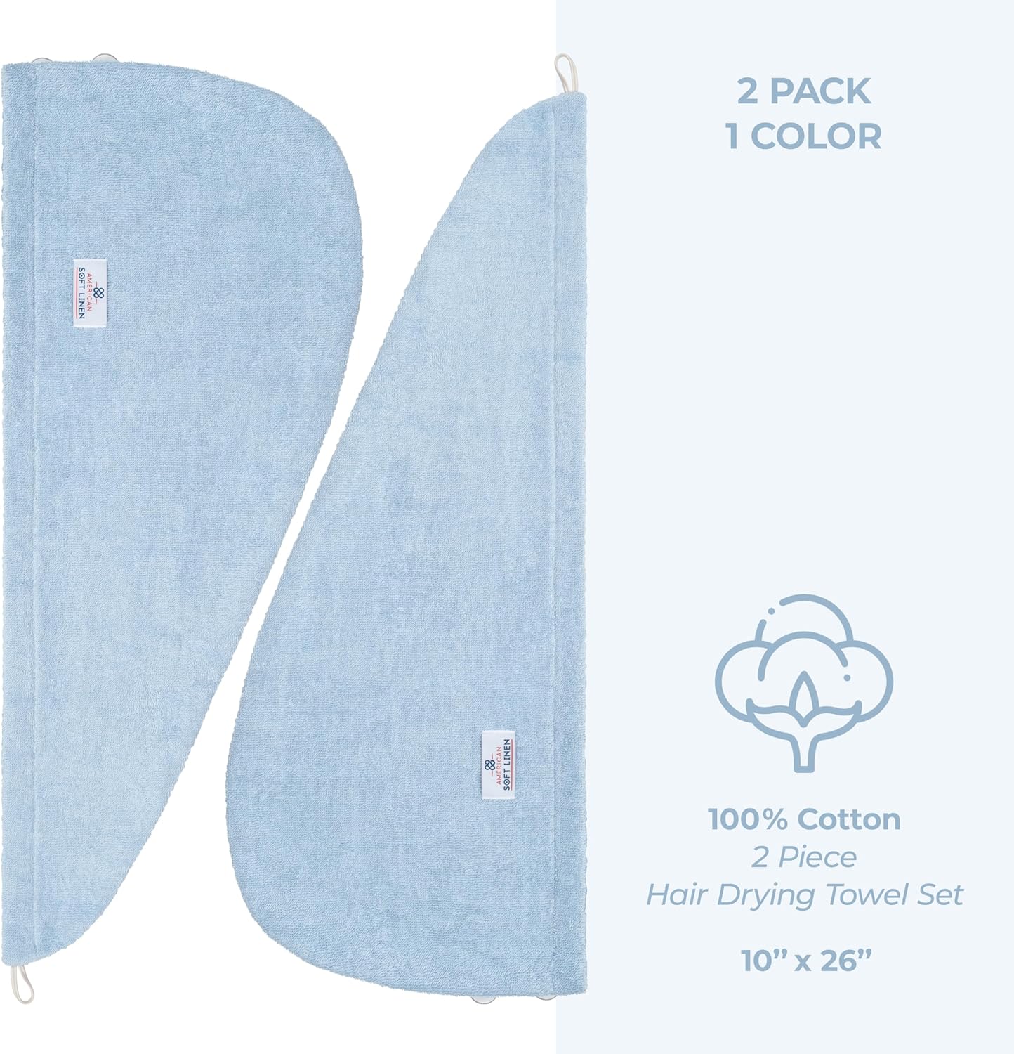 American Soft Linen 100% Cotton Hair Towels for Women, Head Towel Cap, Cotton Hair Turban Towel Wrap for Long Curly Anti Frizz Hair, Soft and Absorbent Cotton Hair Towels 2 Pack, Sky Blue