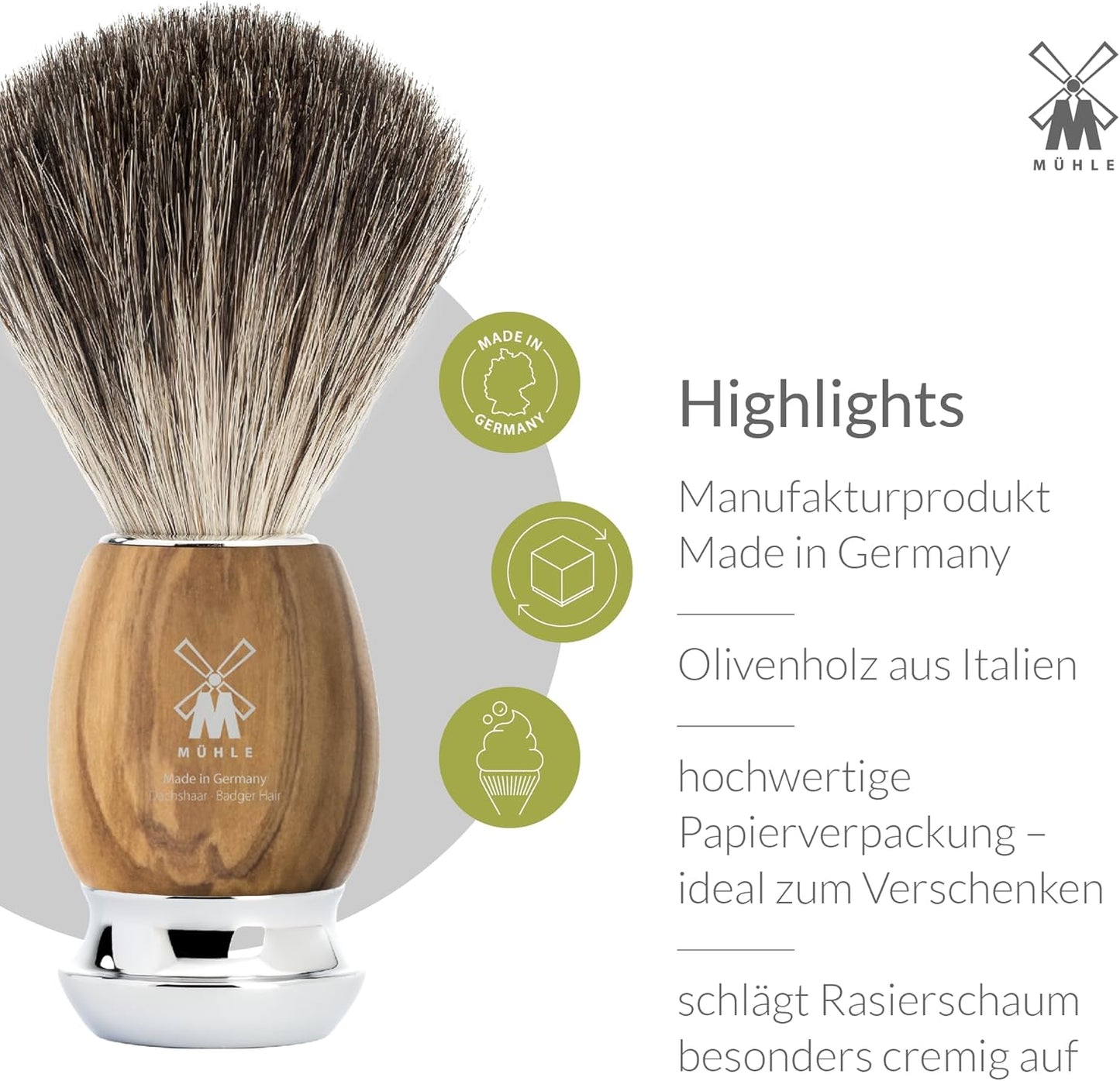 MÜHLE VIVO Olive Wood 4-Piece Pure Badger 5-Blade Razor Shaving Set