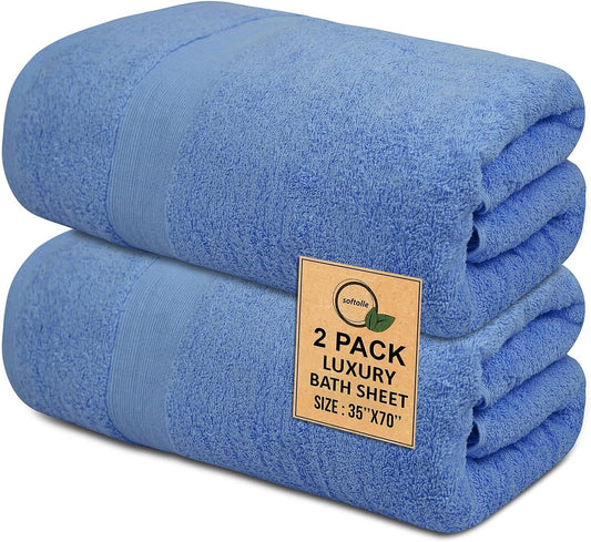 100% Cotton Luxury Bath Sheets - Pack of 2 (35" x 70") | Super Soft, Quick-Dry & Highly Absorbent Towels for Bathroom, Home, Spa & Gym (Sky Blue)