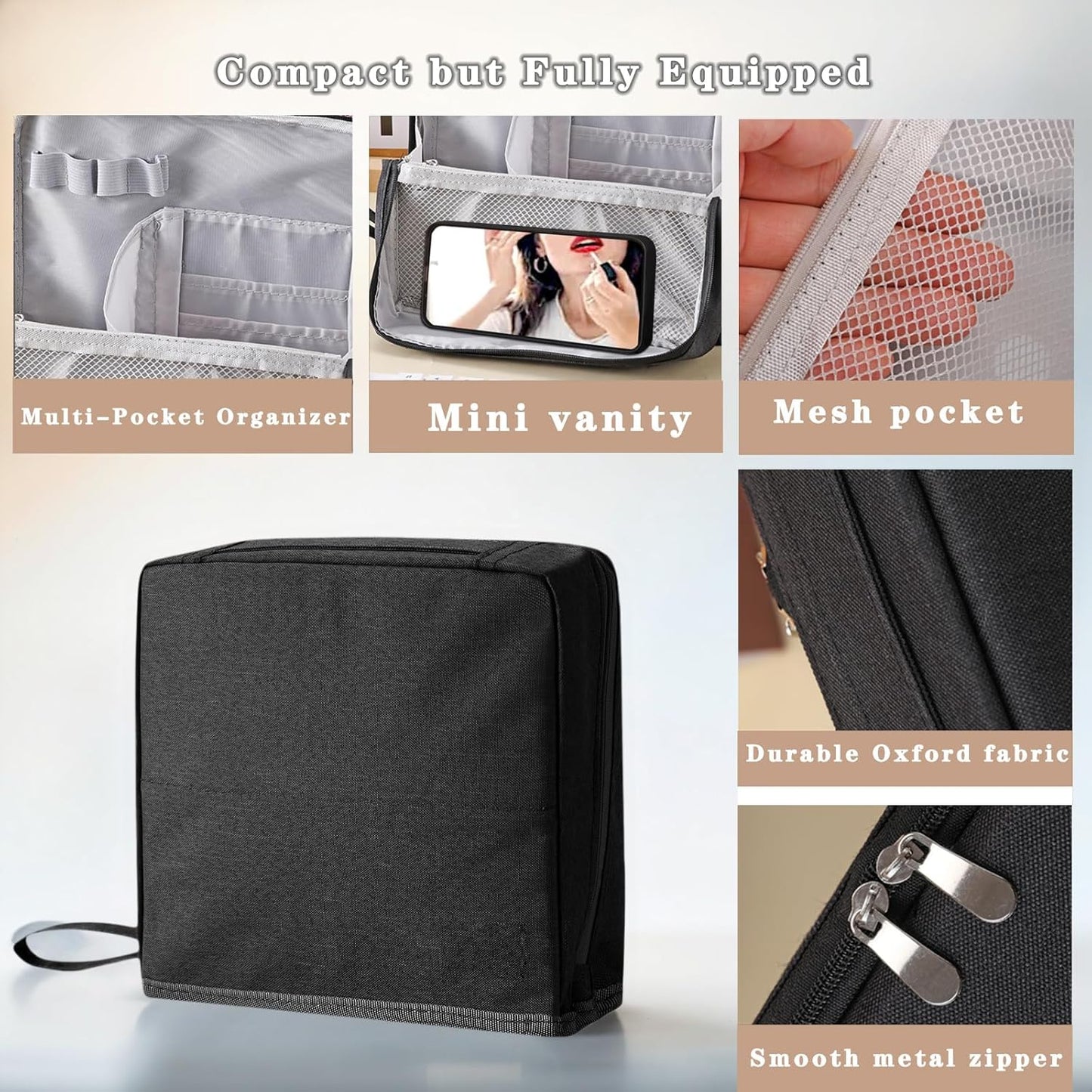 Standing Makeup Bag with Brush Holder, Organizer Travel Cosmetic Bags, Small Make Up Pouches for Women Grey