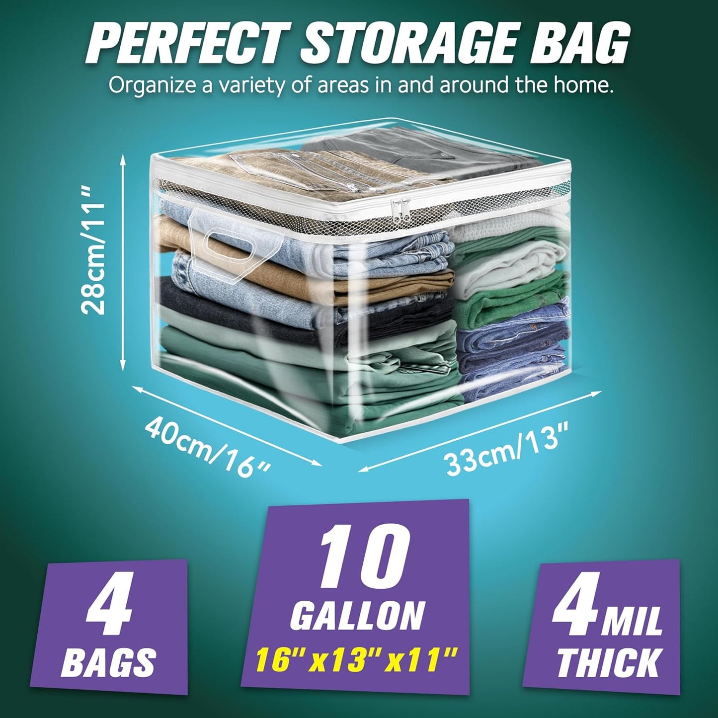 HIBAG 10 Gallon Large Storage Bag for Clothes, Zipper Clothing Storage Bag, Clear Organizer with Reinforced Handles, for Closet and Underbed Storage (4 Pack)